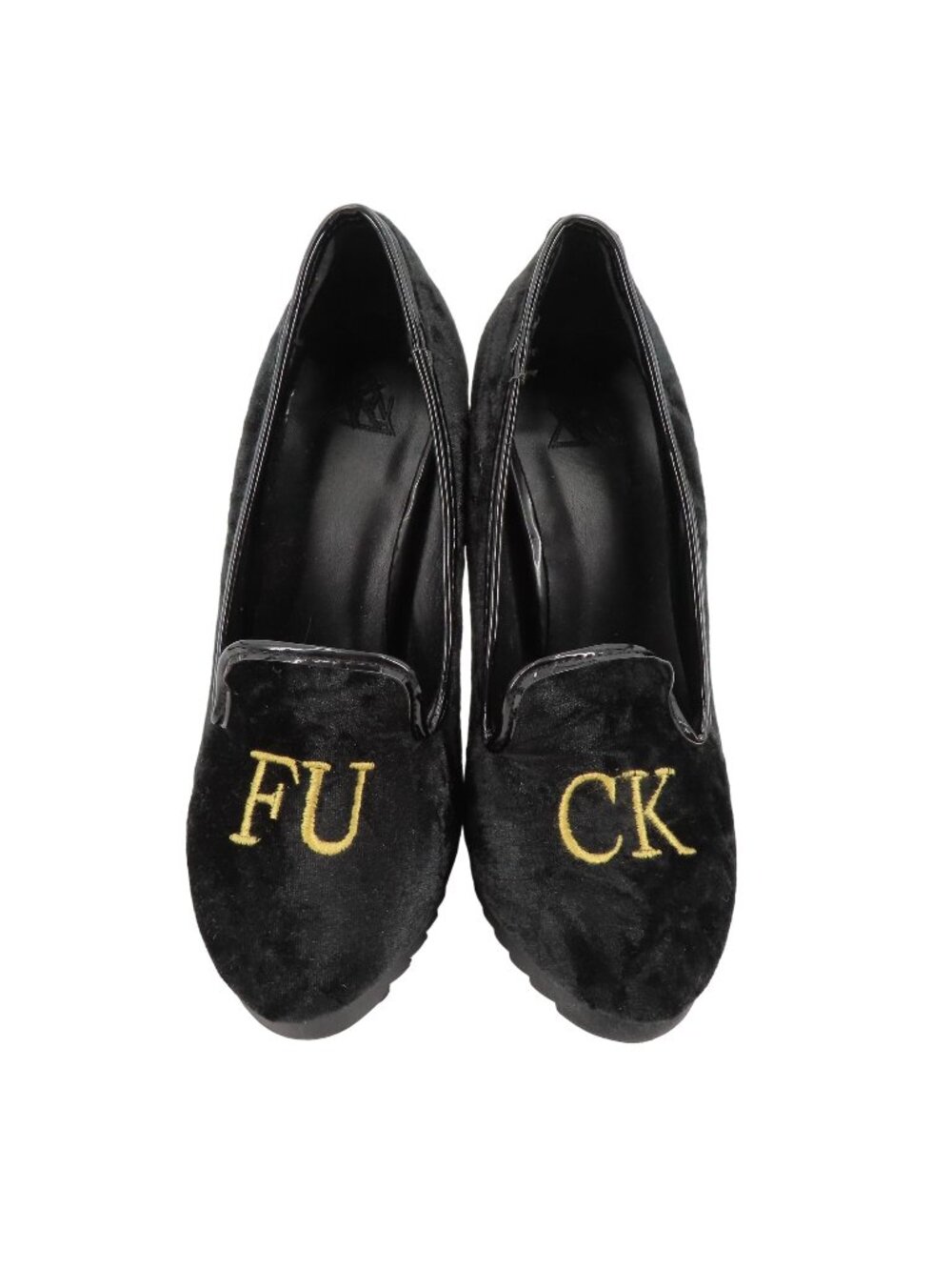 YRU Women 6 F Word Cuss Curse Black Velvet Gold Embroidered High Heels Shoes